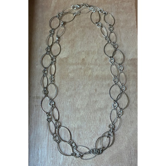 Jewelry - Long Silver Tone Open Link Necklace Convertible Double Strand Textured Oval